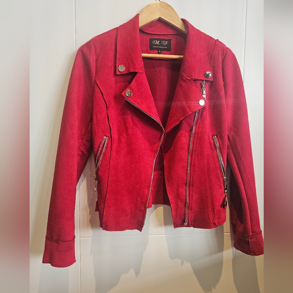 Red Leather Motorcycle Jacket with Fitted Cut